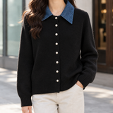 Joy Contrast Collar Cardigan - Black