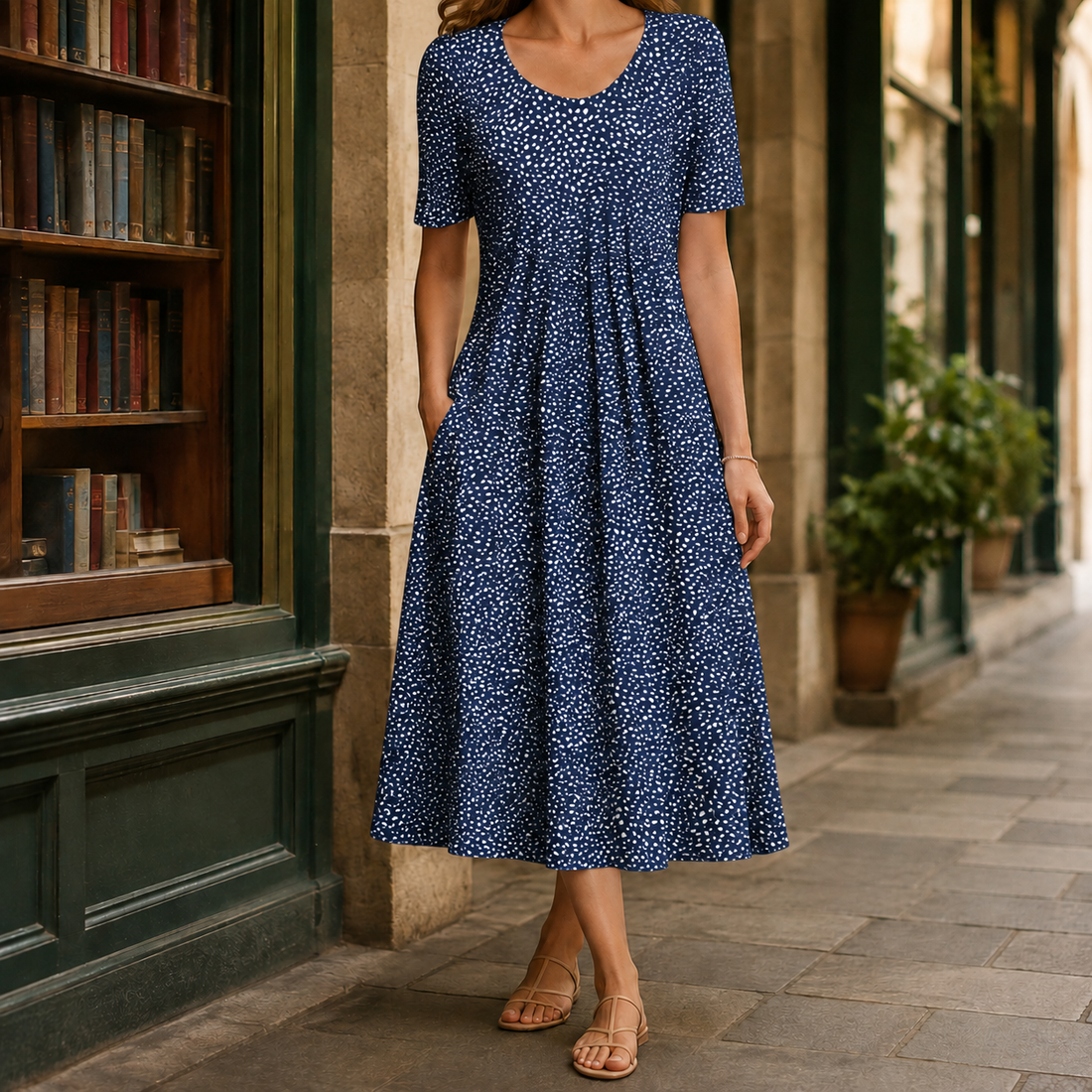 Lara-Elise Pleated Midi Dress - Blue Polka Dots
