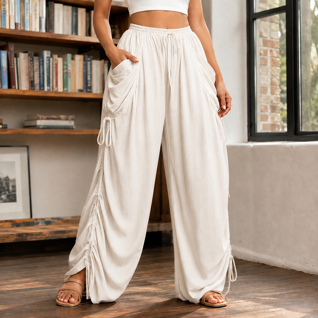Caroline Ruched Harem Pants - White