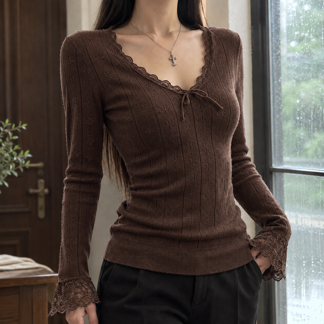 Stacey-Faye Lace Trim Sweater - Brown