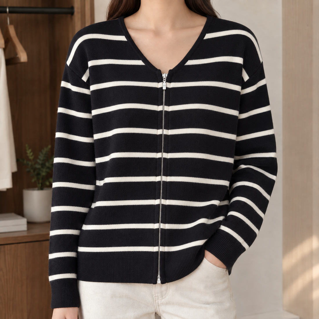 Tessa-Hope Striped Cardigan - Black White Stripes