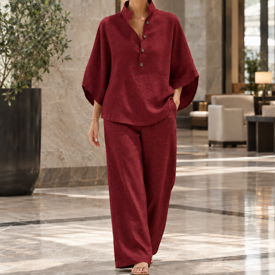 Lillian Stand Collar Set - Wine Red