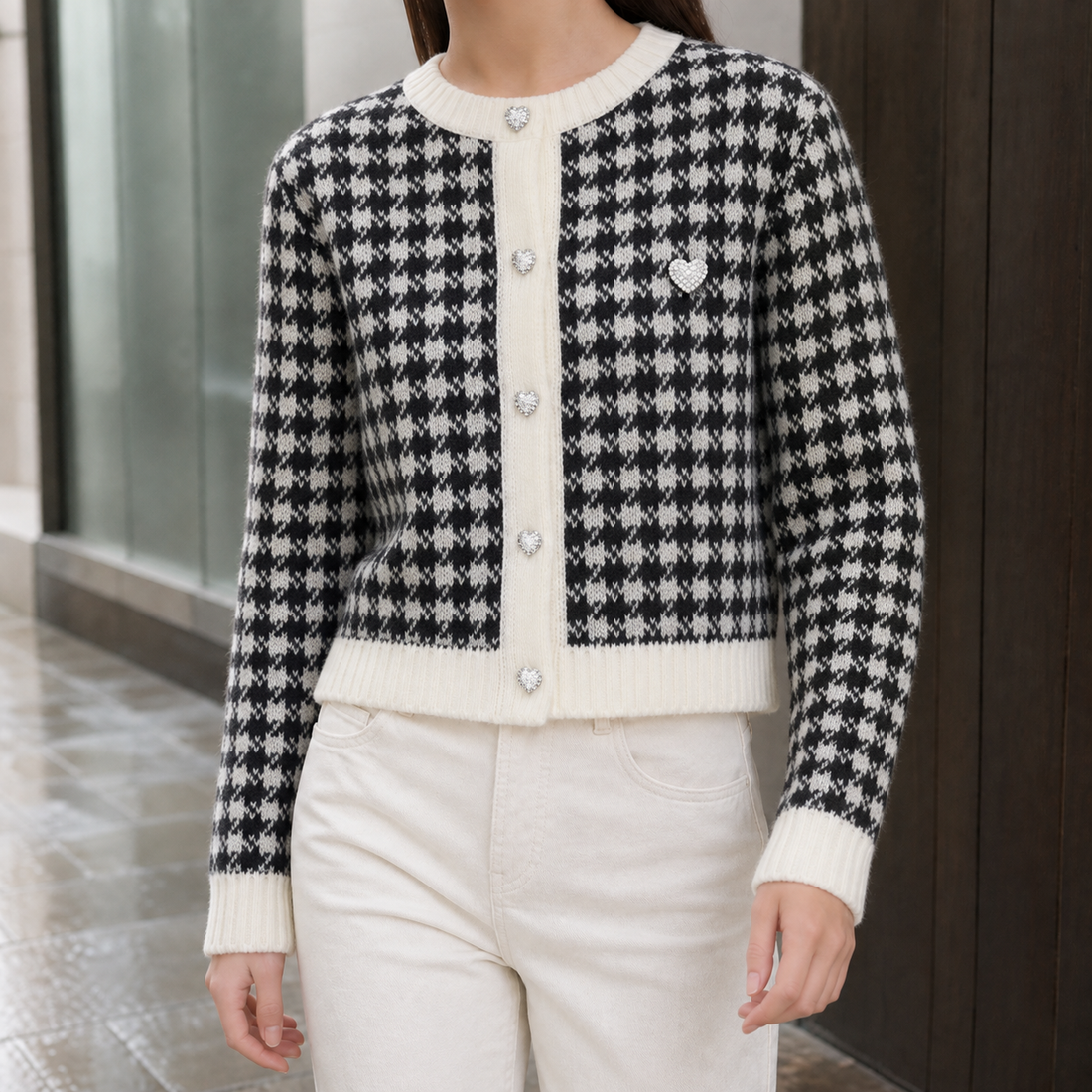 Ashley Houndstooth Cardigan - Black