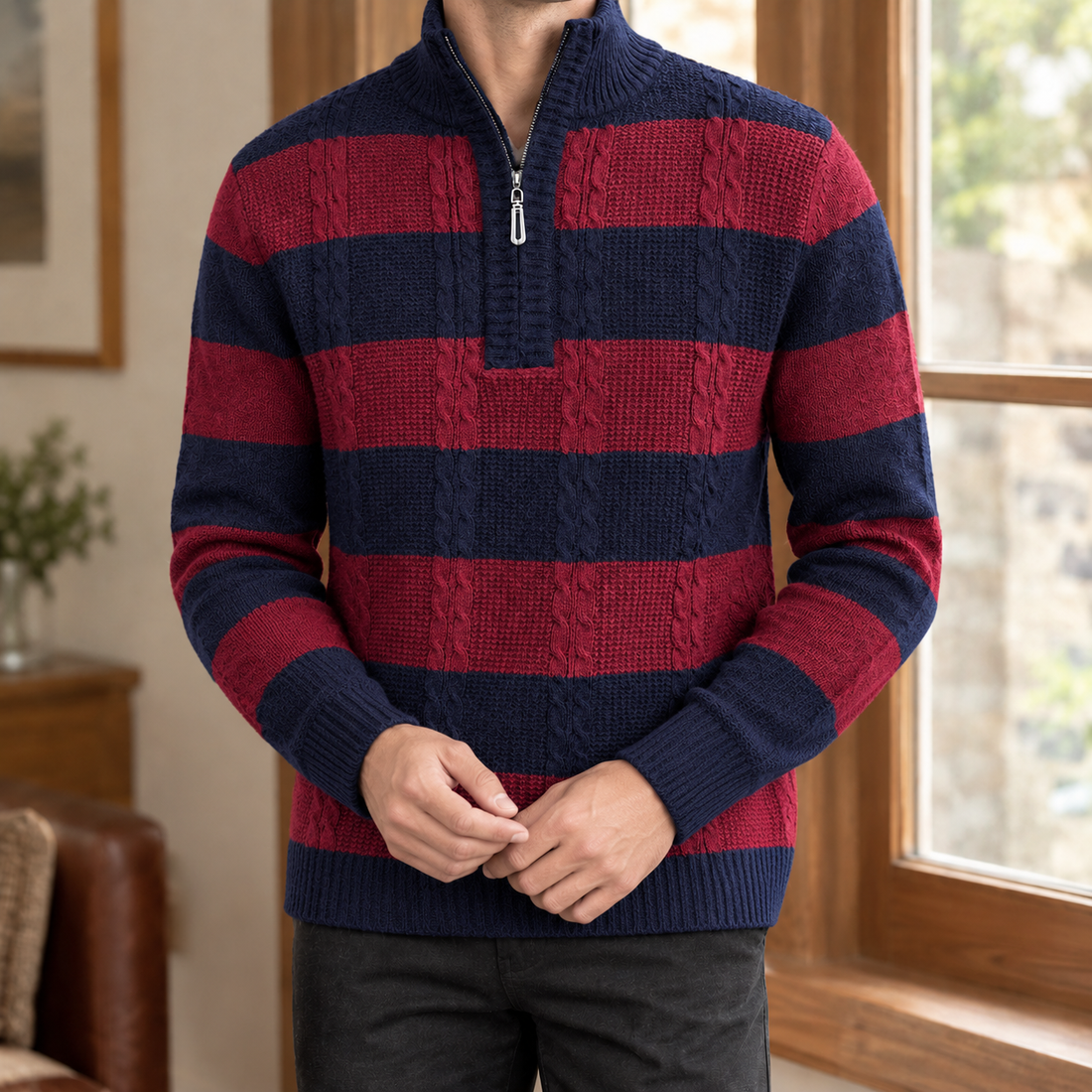Alistair Striped Sweater - Navy Red Striped