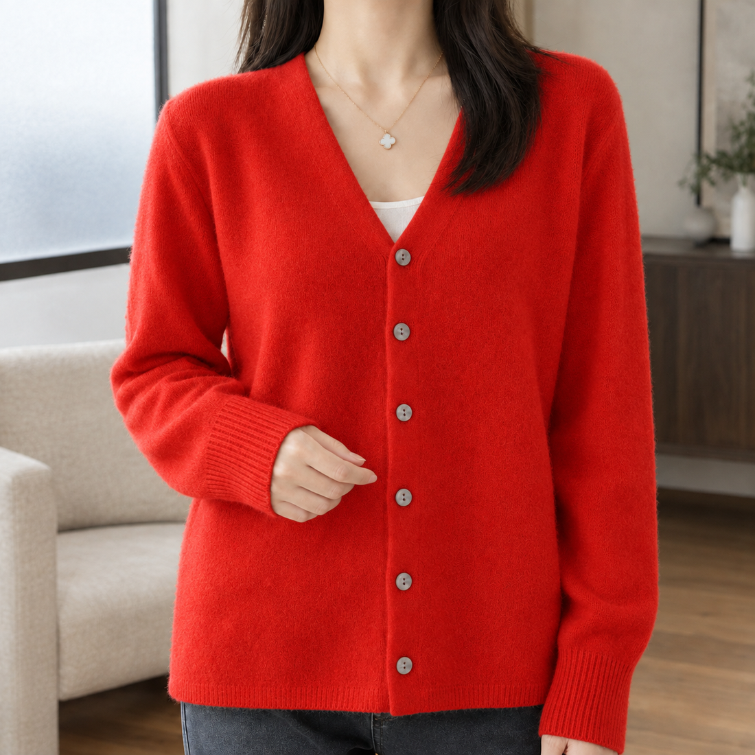 Millie V Neck Cardigan - Red