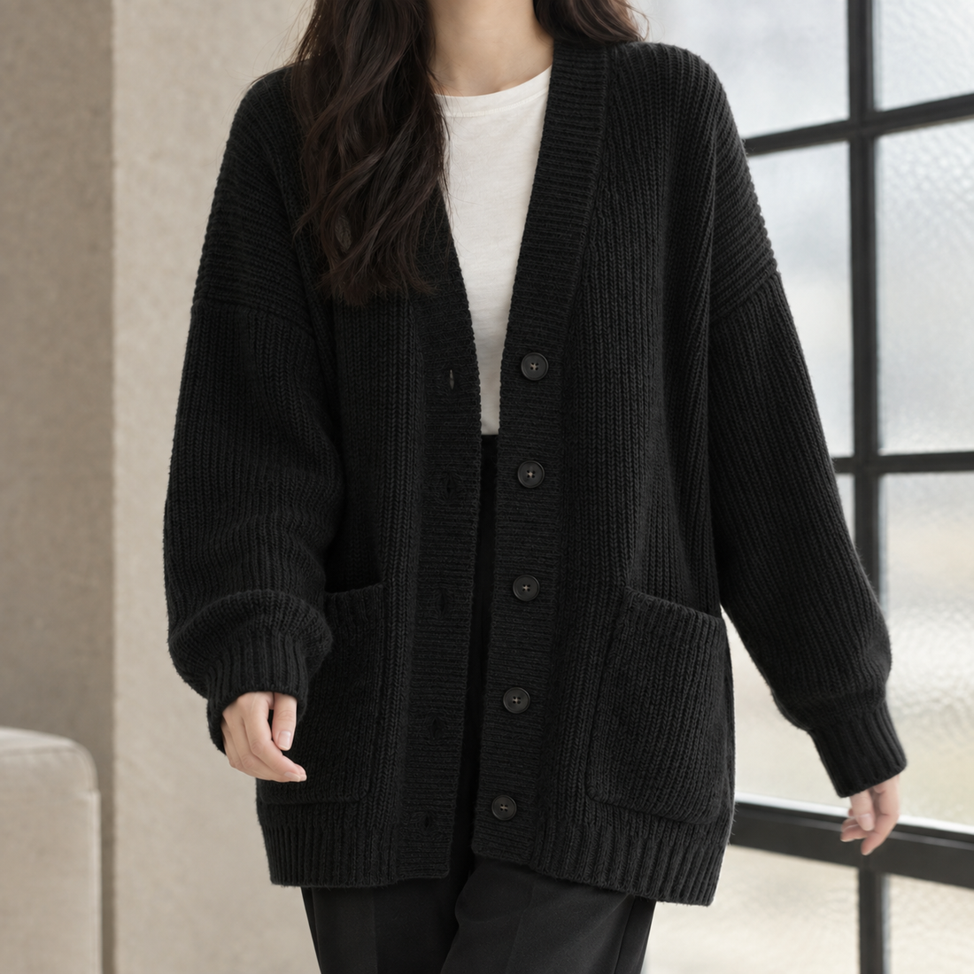 Lauren-Elise Ribbed Cardigan - Black