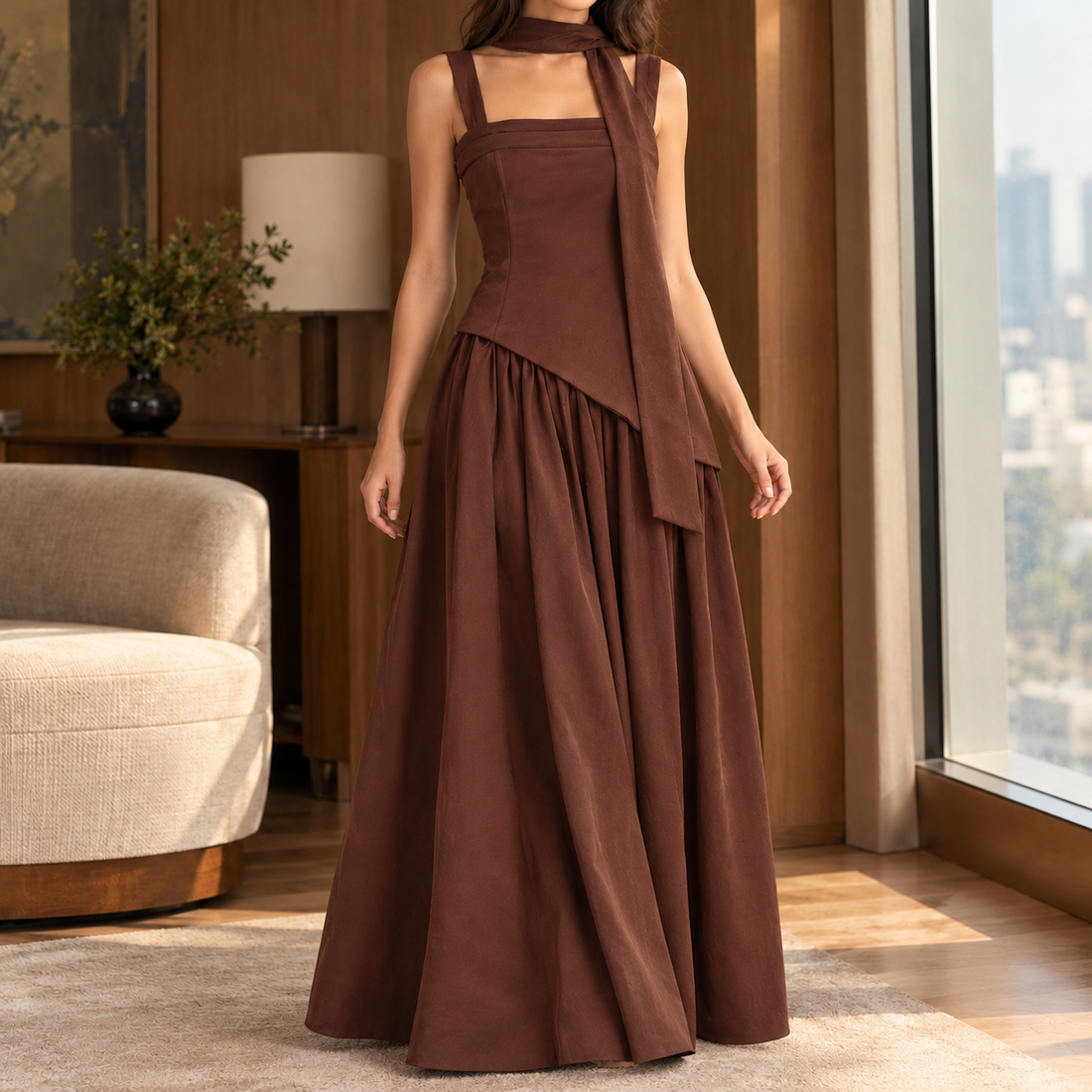 Evelina-Sage Asymmetric Maxi Dress - Brown