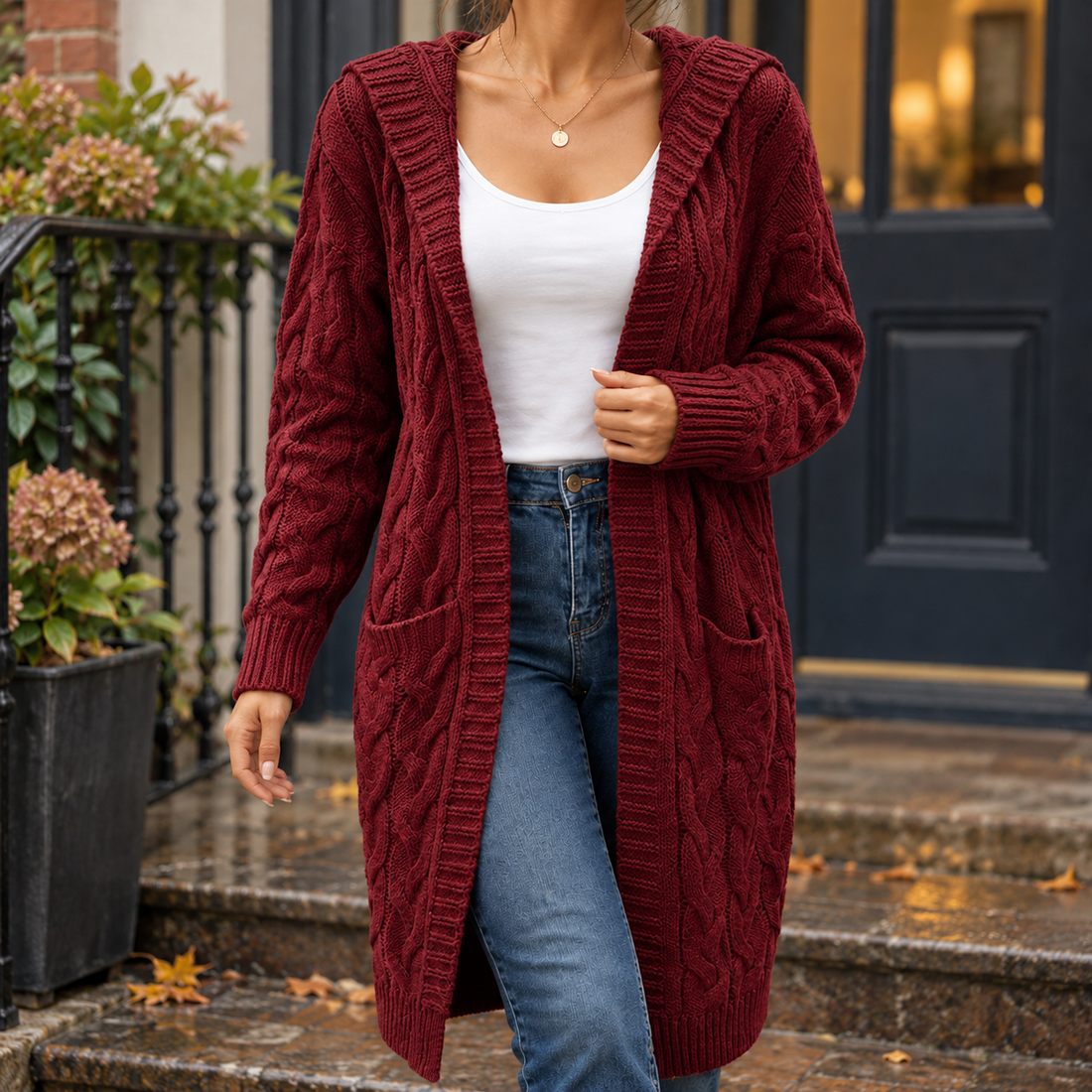 Madeline-Faye Cable Knit Cardigan - Wine Red