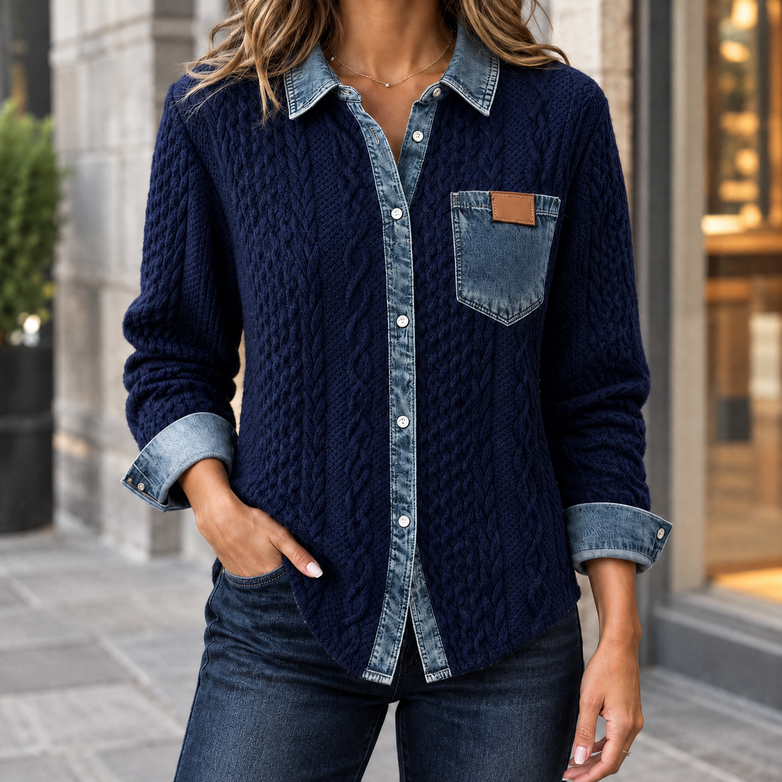 Adrienne-Lane Denim Knit Overshirt - Navy Blue
