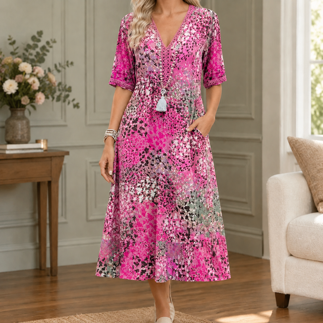 Olympia-Hope V-Neck Midi Dress - Pink