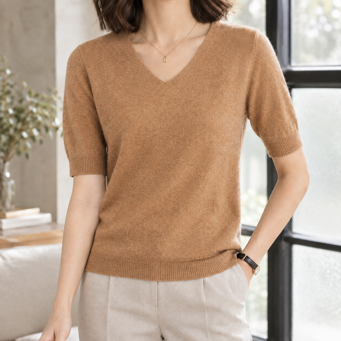 Phoebe-June V-Neck Sweater - Golden Brown