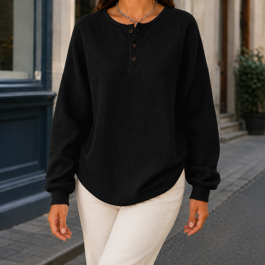 Annabel-Louise Waffle Sweater - Black