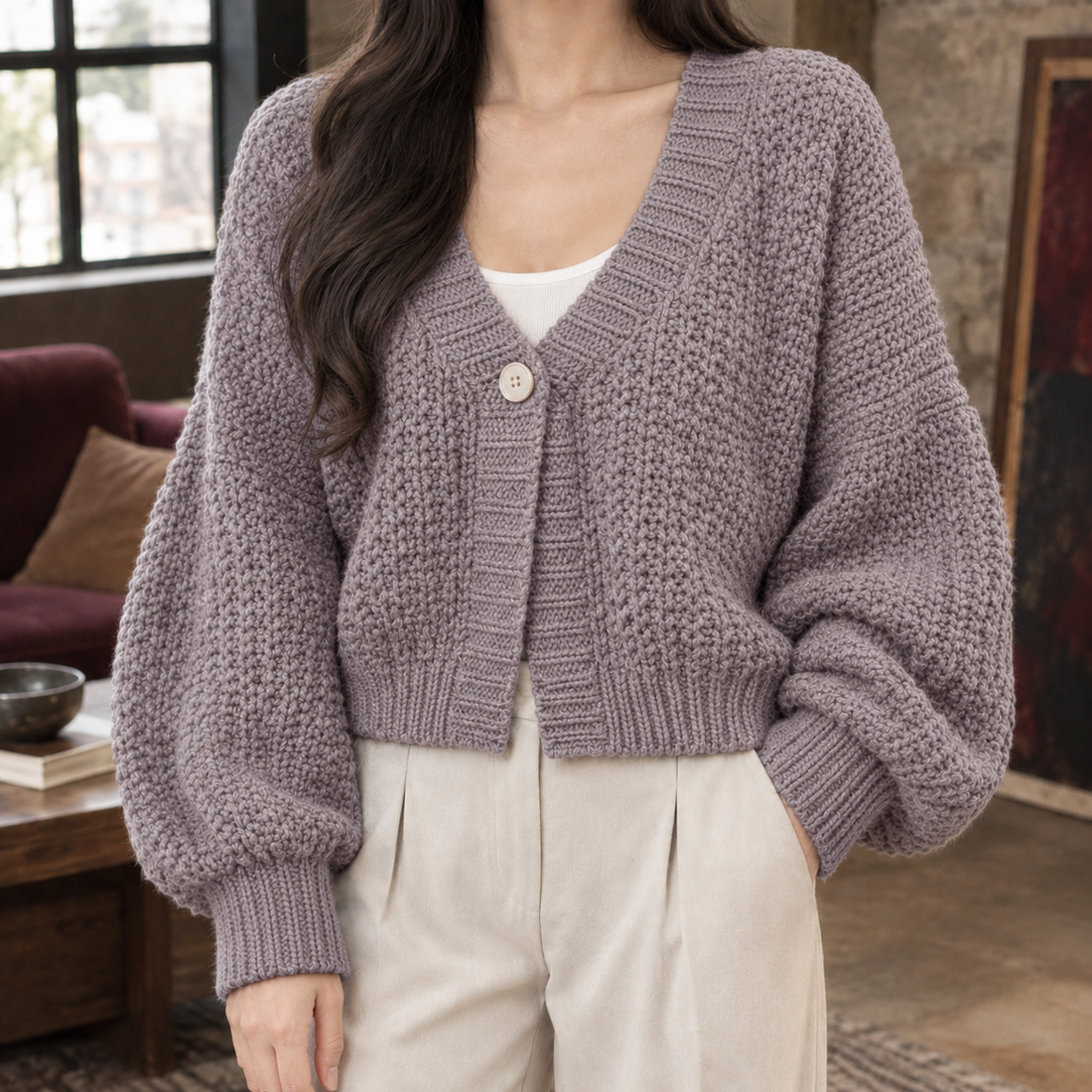 Morwenna-June Chunky Cardigan - Gray Purple