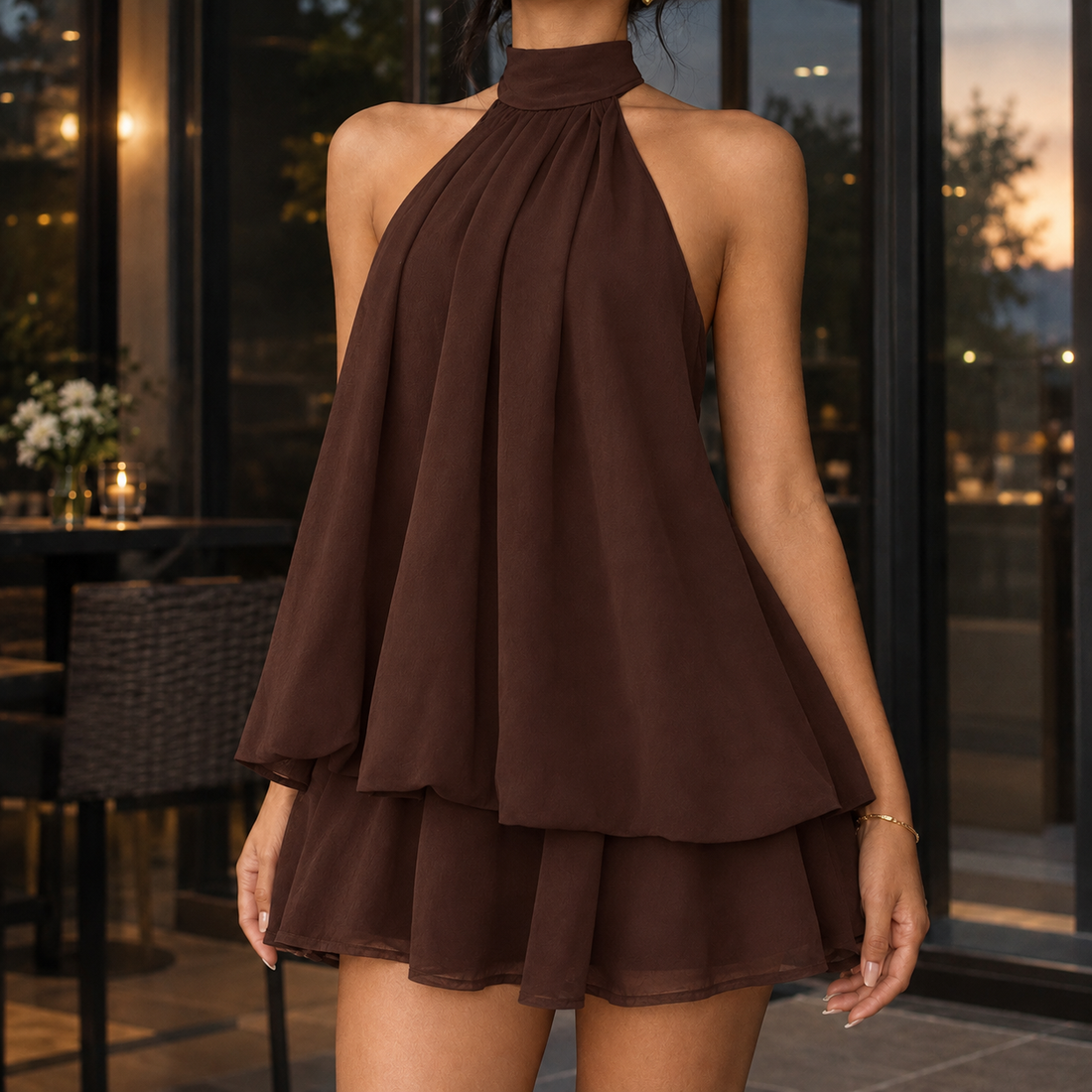 Nadine-Mae Halter Mini Dress - Brown