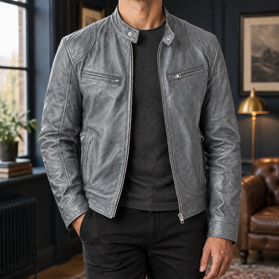 Alec Leather Moto Jacket - Gray
