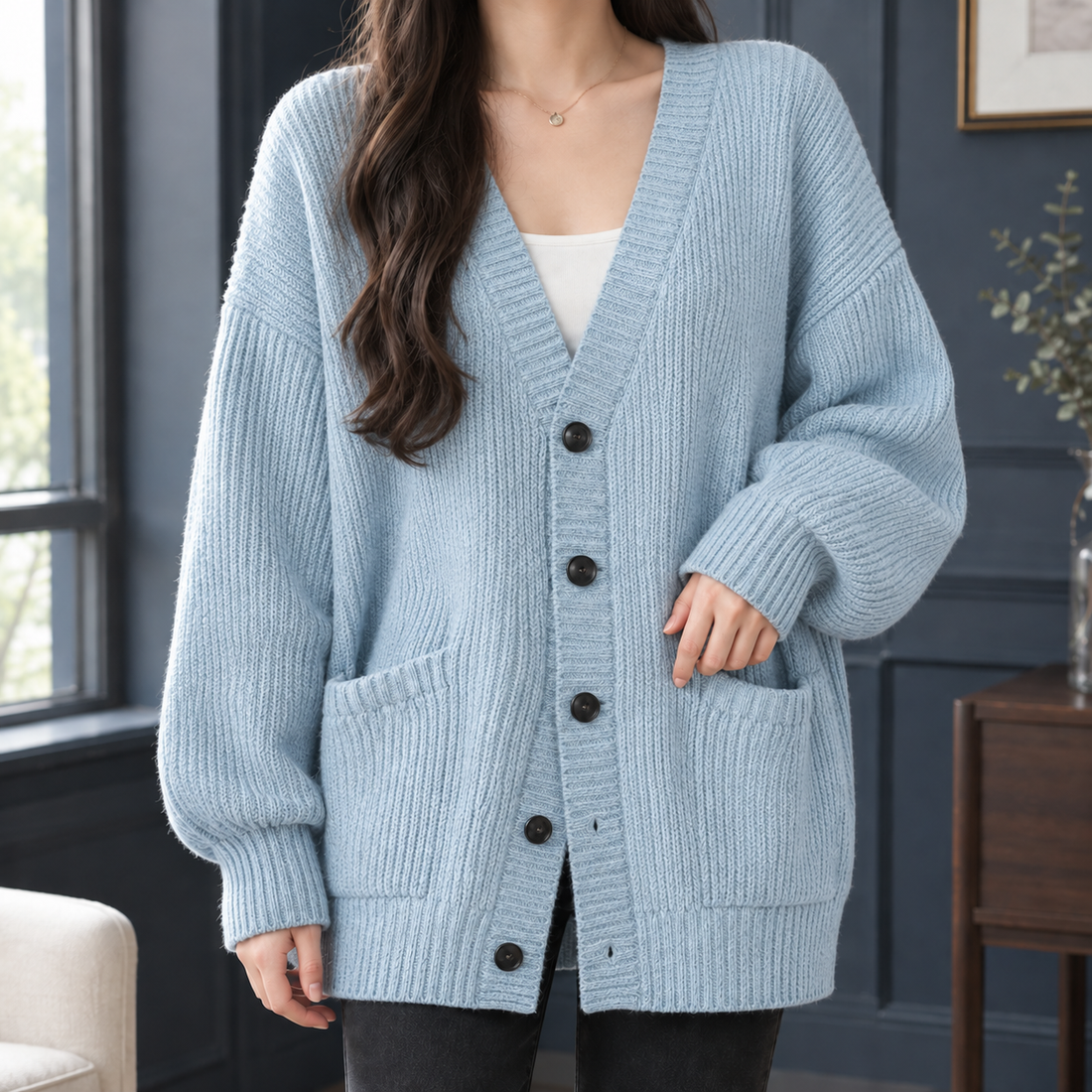 Fernanda-Kate Ribbed Cardigan - Light Blue