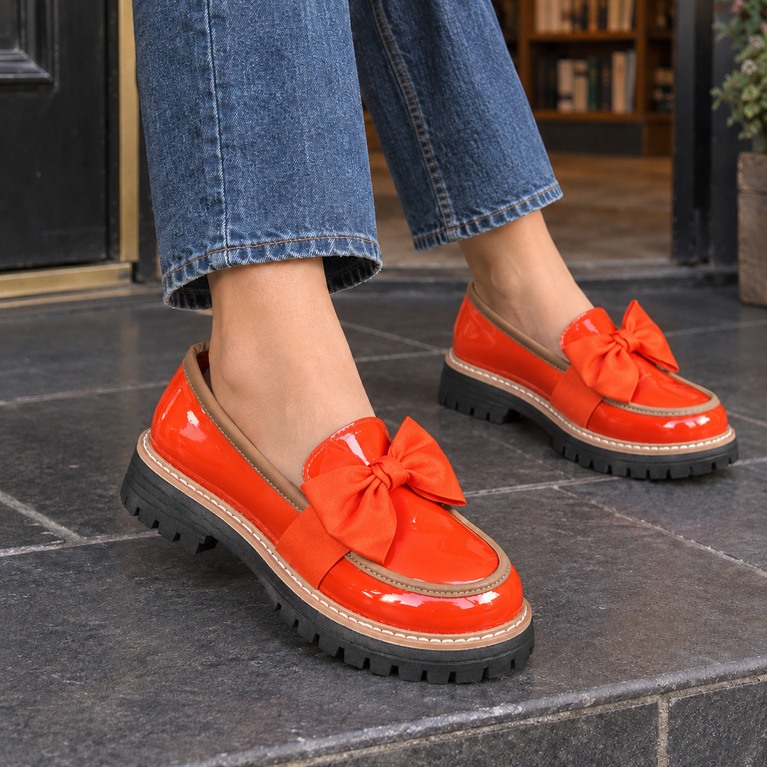 Cardini Bow Loafers - Orange Red