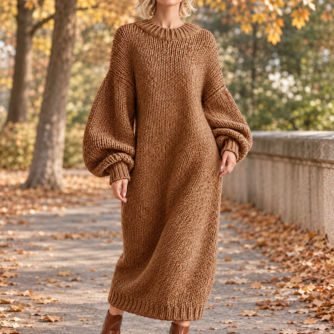 Emery-Jane Lantern Sleeve Dress - Light Brown