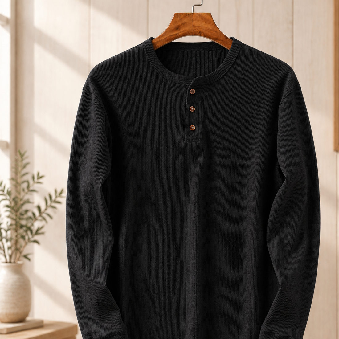 Spencer Ribbed Henley - Black