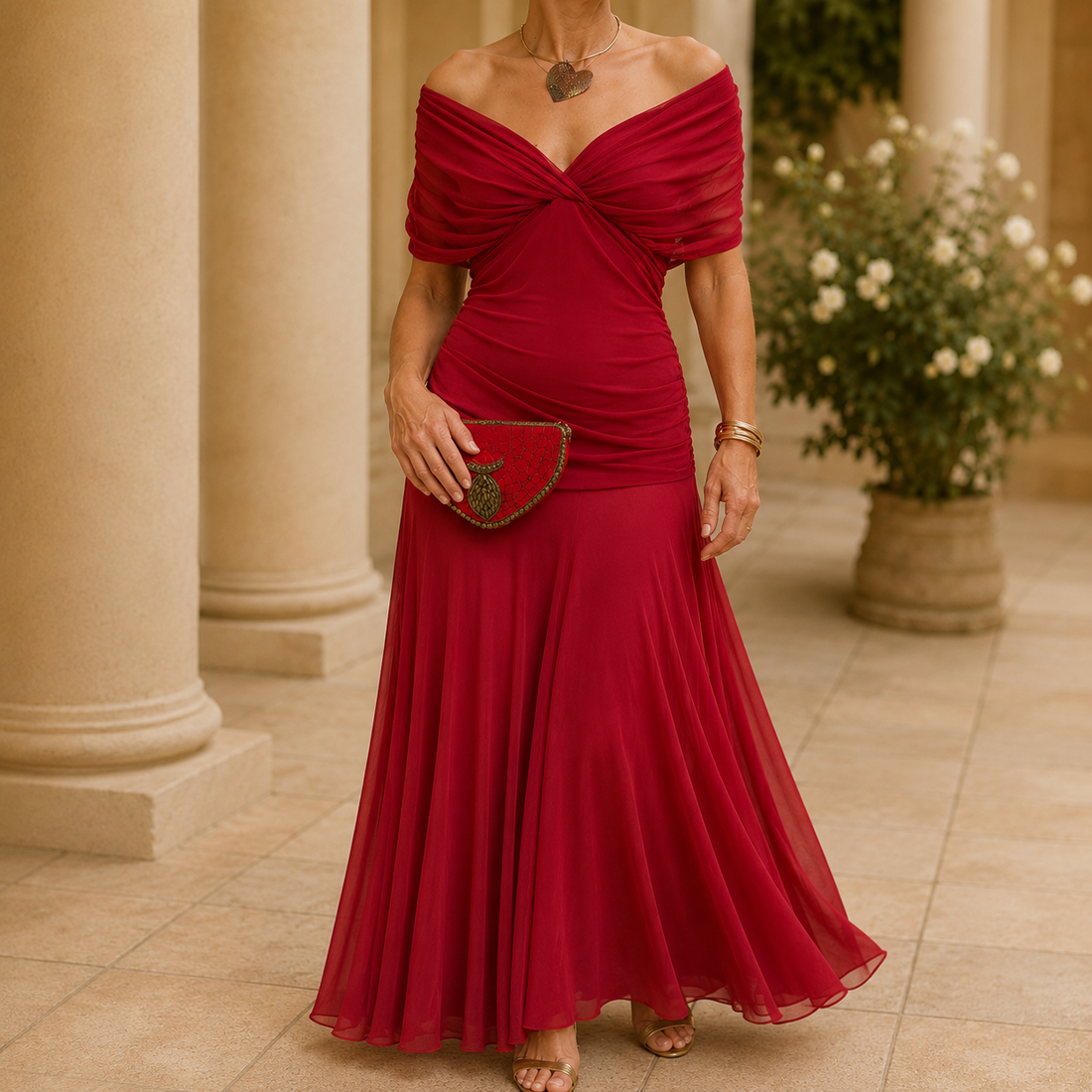 Ada Draped Maxi Dress - Red