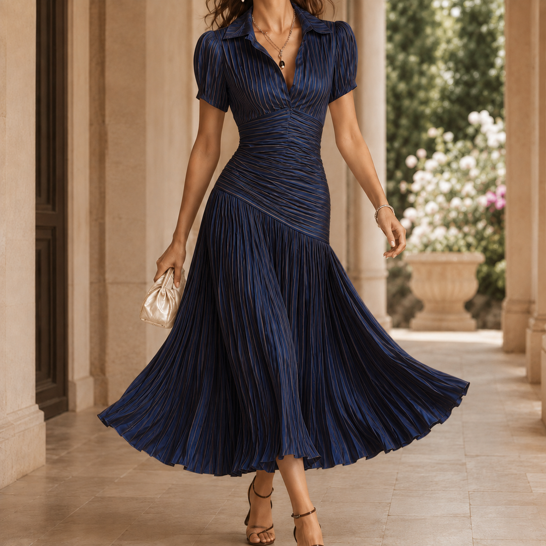Cordelia Ruched Midi Dress - Navy Blue