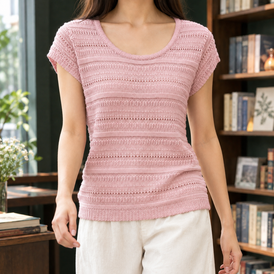 Selena Pointelle Top - Powder