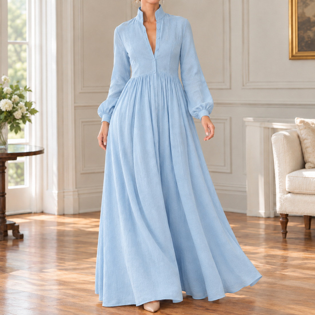 Priscilla-Skye Pleated Maxi Dress - Sky Blue