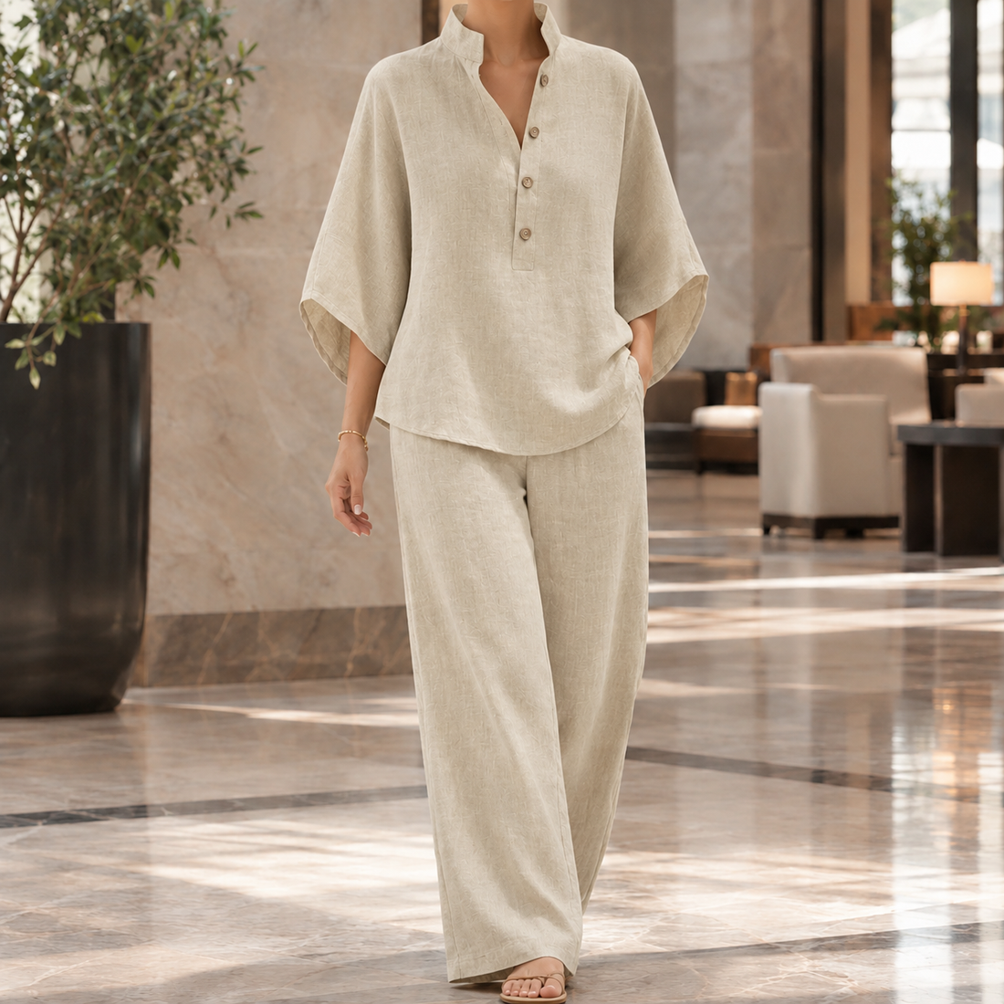 Lillian Stand Collar Set - Khaki