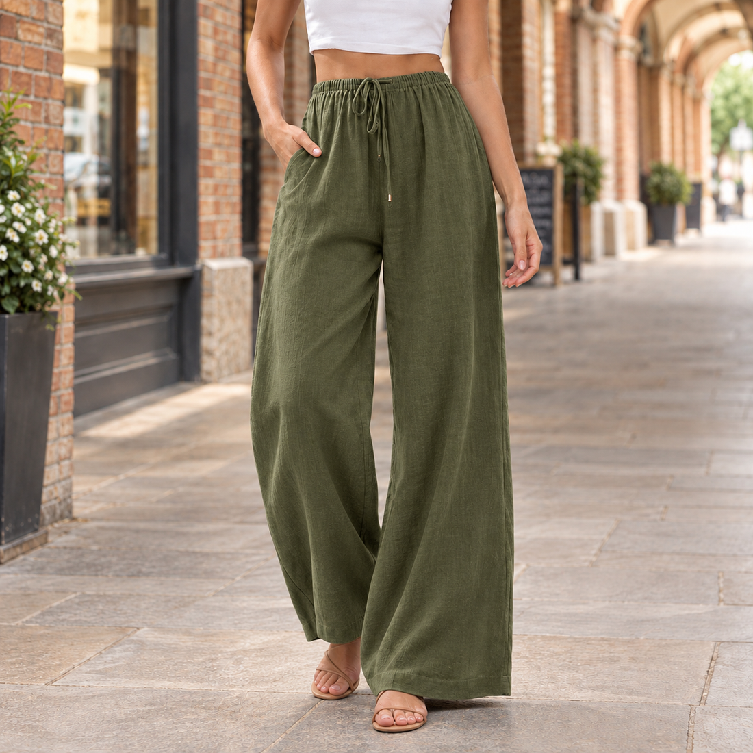 Yolande-Pearl Wide Leg Pants - Olive