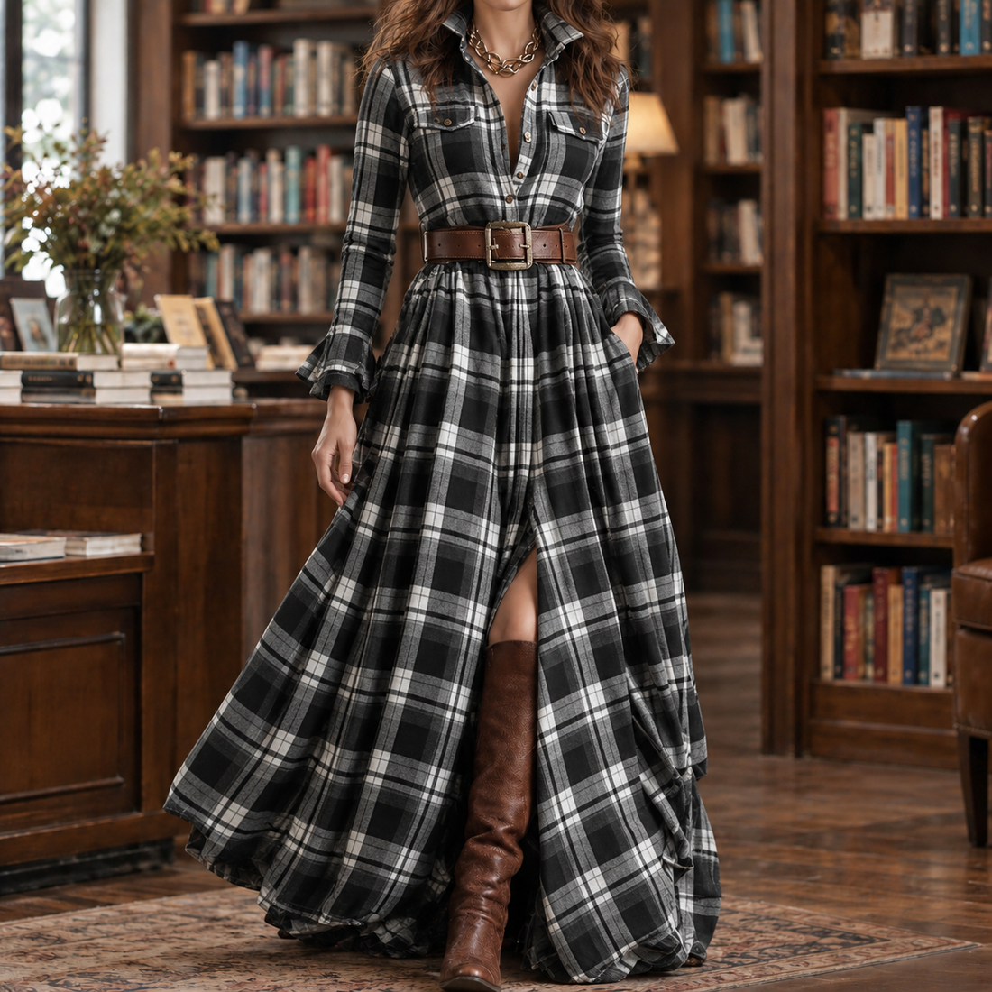 Antonia-Lane Plaid Maxi Dress - Black Plaid