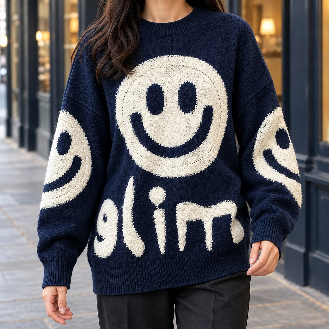 Oriane-Pearl Oversized Sweater - Navy Blue