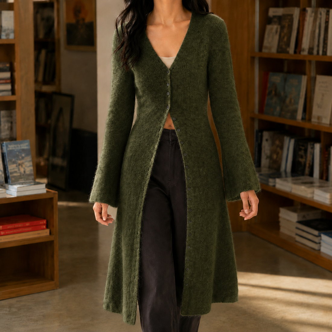 Alba-Faye V Neck Sweater - Army Green