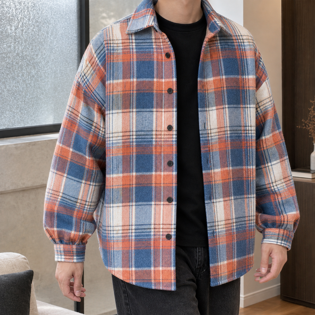 Ludovic-Stone Plaid Overshirt - Orange Grid