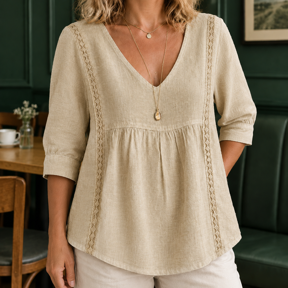 Modesty V-Neck Blouse - Khaki Color