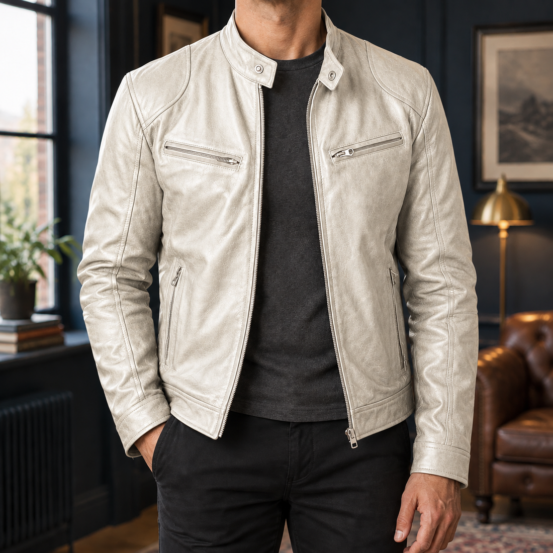 Alec Leather Moto Jacket - Beige