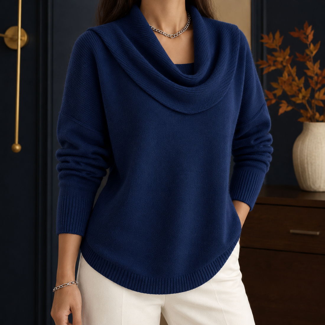 Sibylla Cowl Neck Sweater - Navy Blue (As Pictured)