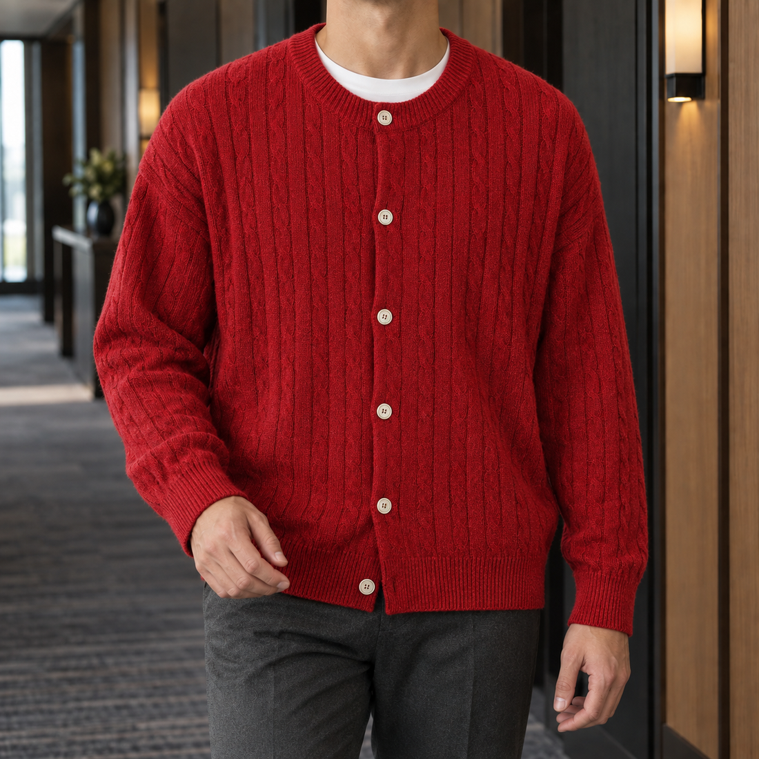 Bertram Cable Knit Cardigan - Red