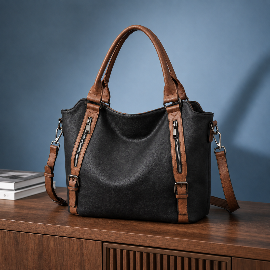 Tavelli Zip Detail Tote - Black Brown 2