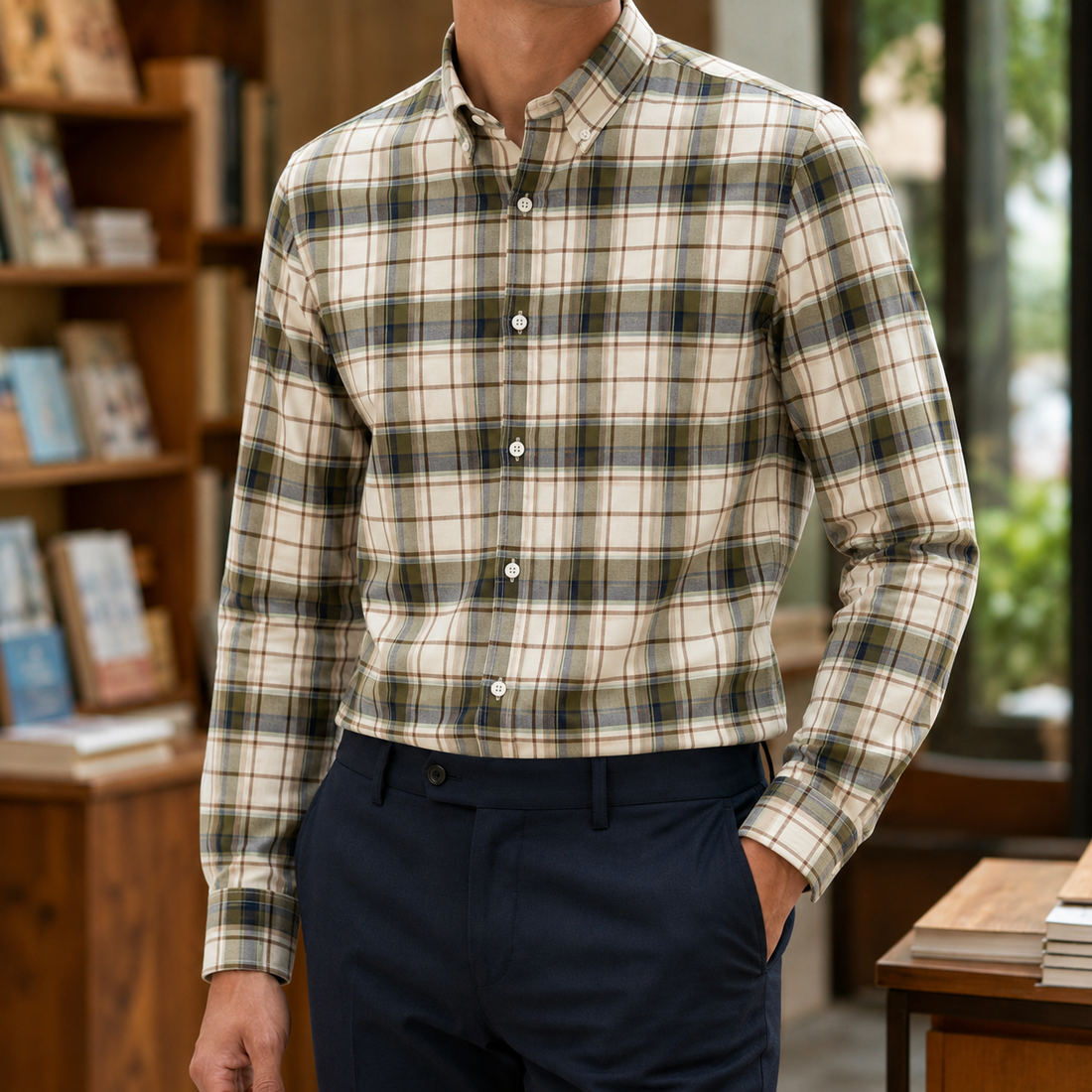 Emmett Button Down Shirt - Cream And Olive Plaid