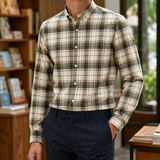 Emmett Button Down Shirt - Cream And Olive Plaid
