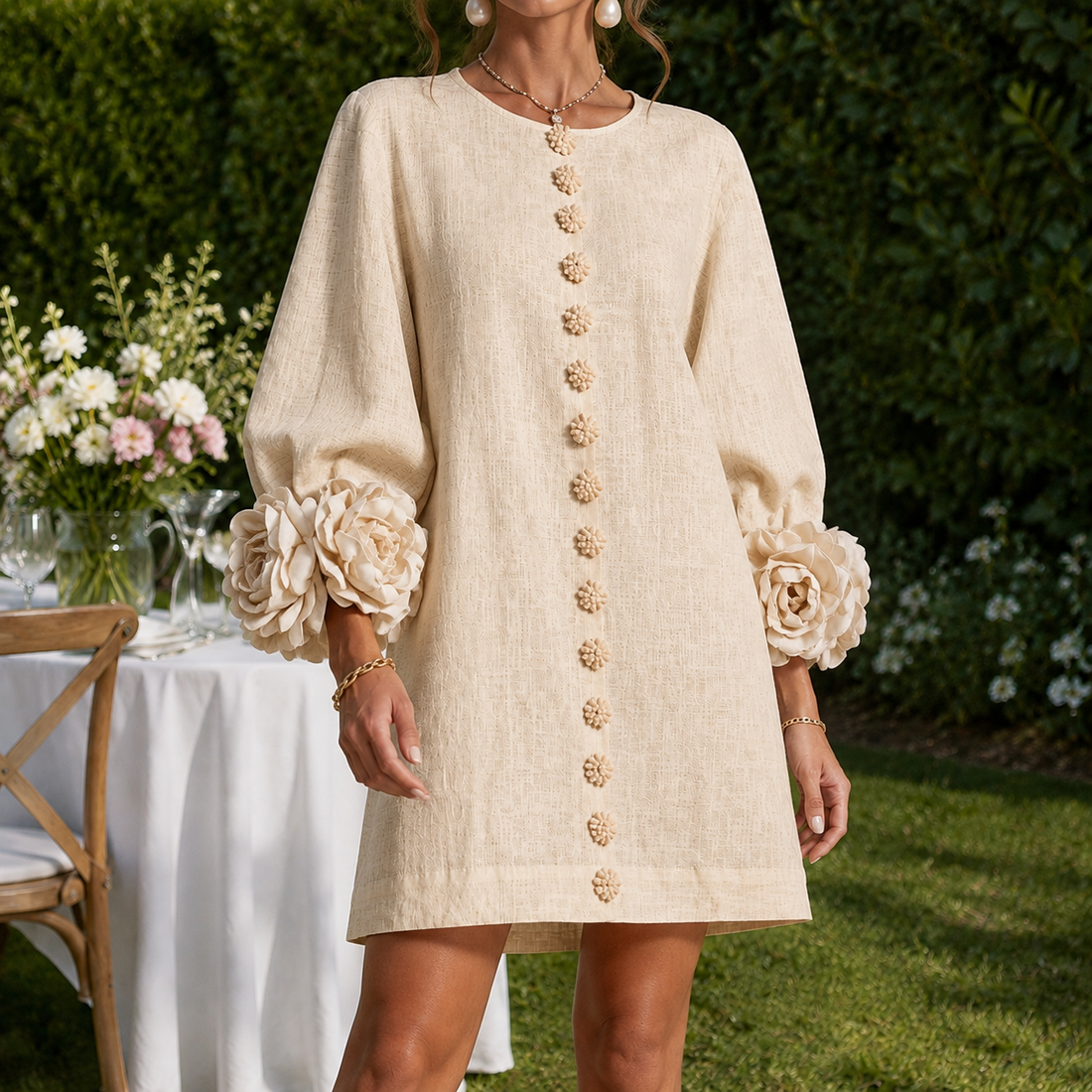 Nadia-Marie Rosette Cuff Dress - Beige
