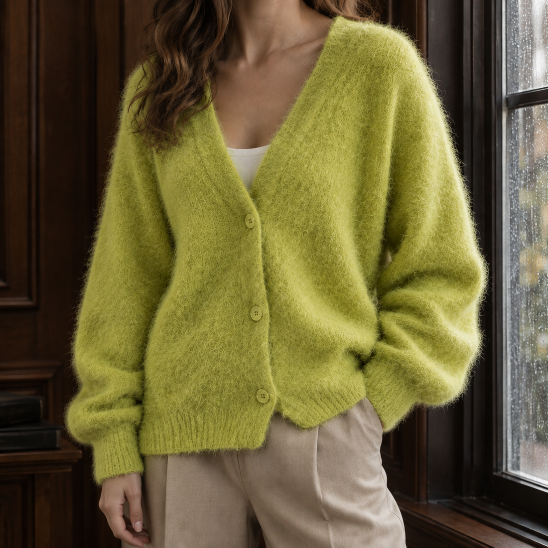 Eliza V Neck Cardigan - Mustard Green