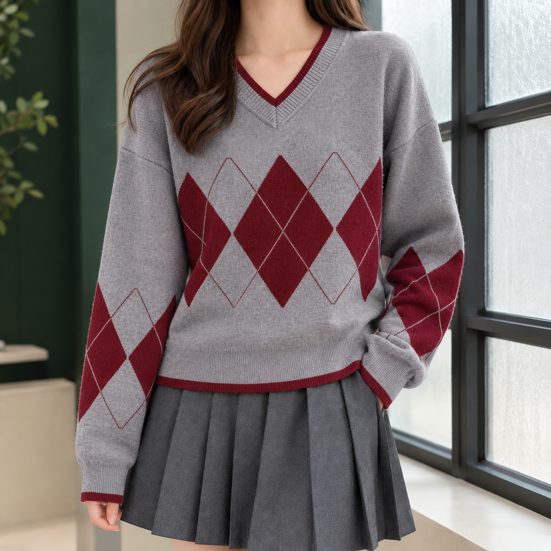 Alina-Elise Argyle Sweater - Dark Gray