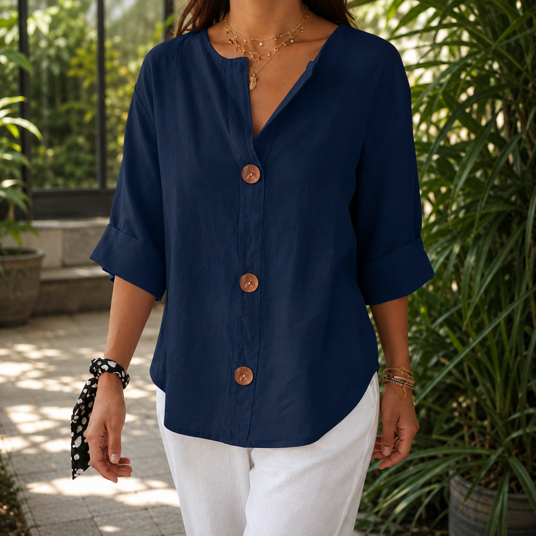 Valencia V Neck Blouse - Navy Blue