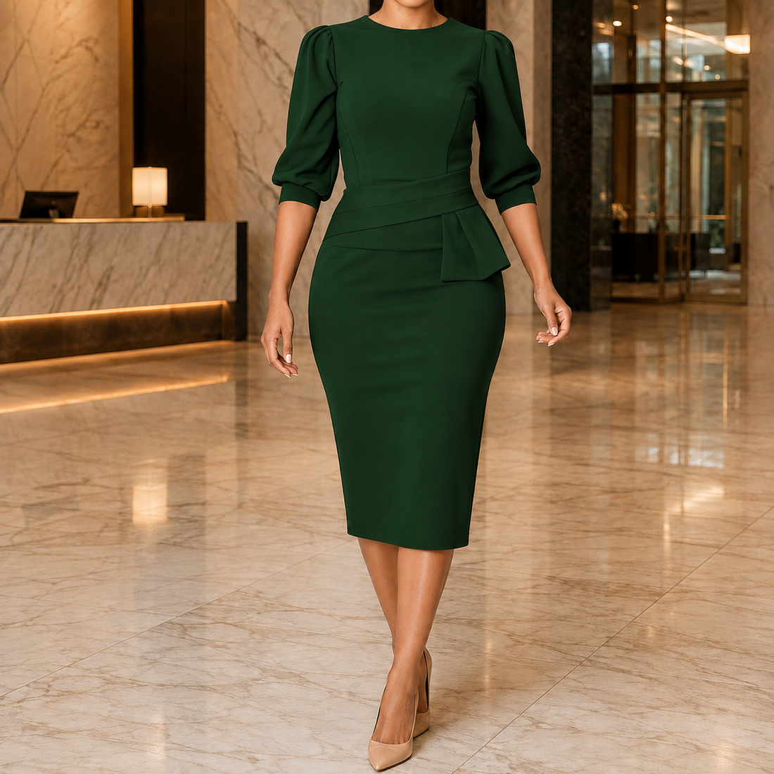 Liora-Claire Peplum Pencil Dress - Dark Green