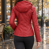 Maxine-Jade Hooded Leather Jacket - Date Red