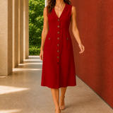 Brigitte-Hope Button-Front Midi Dress - Red