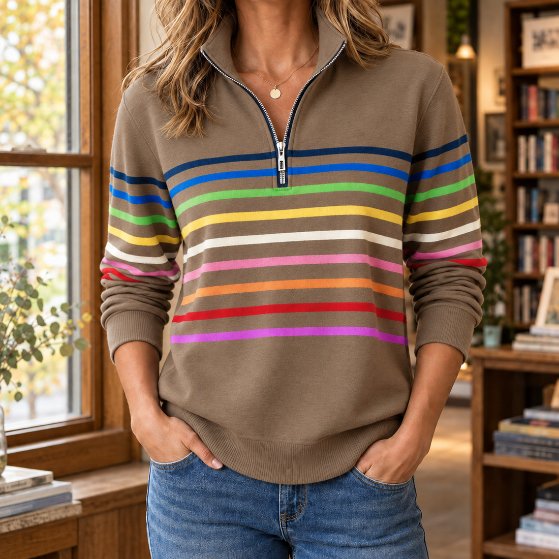 Adriana-Kate Quarter Zip Sweater - Khaki