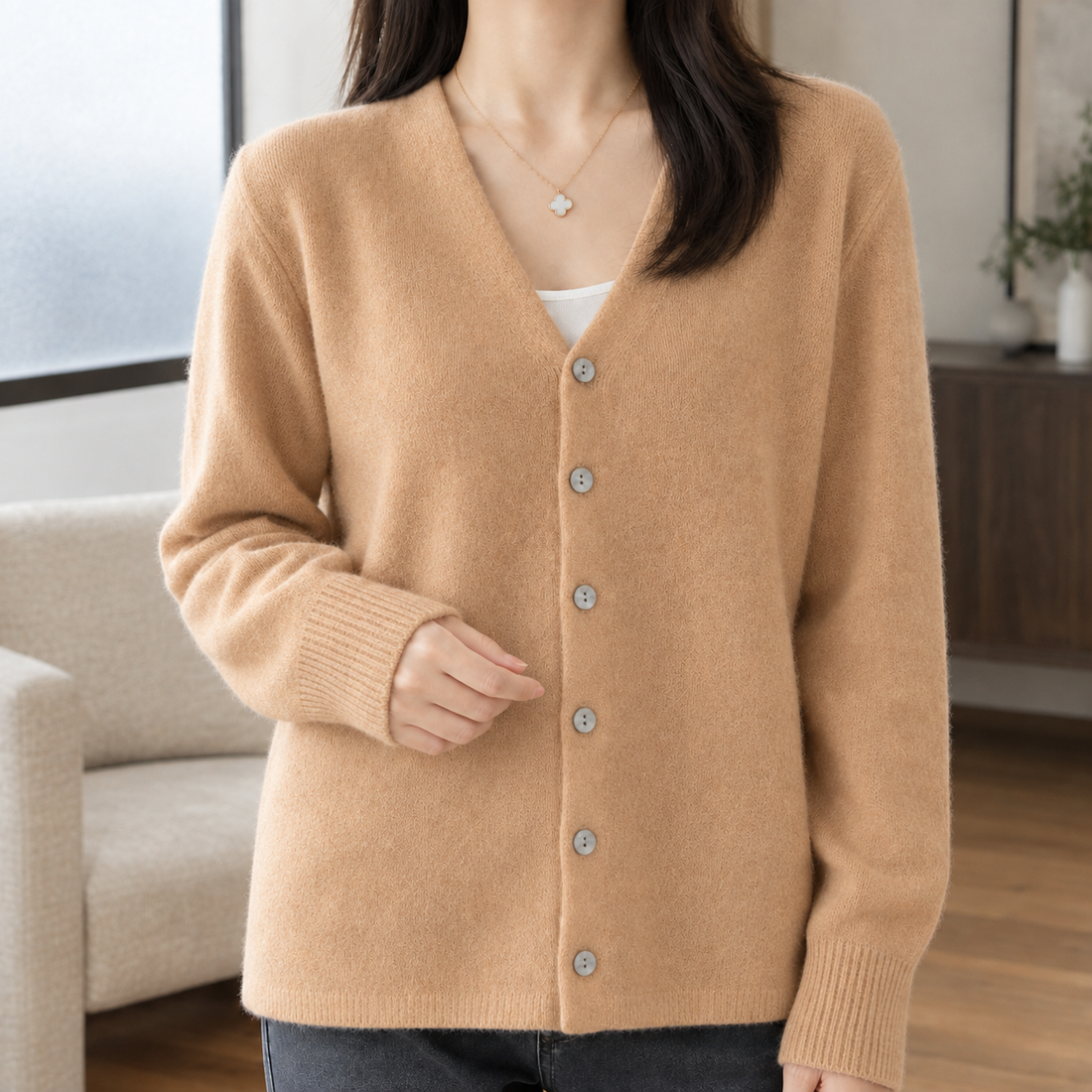 Millie V Neck Cardigan - Golden Camel