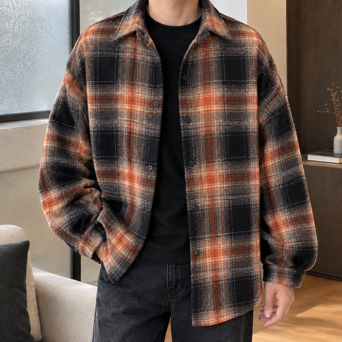 Ludovic-Stone Plaid Overshirt - Black Orange Grid